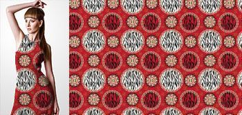 06005v Materiał ze wzorem kolorowy motyw inspirowany sztuką afrykańską z okrągłymi elementami stylizowanymi na skórę zwierząt